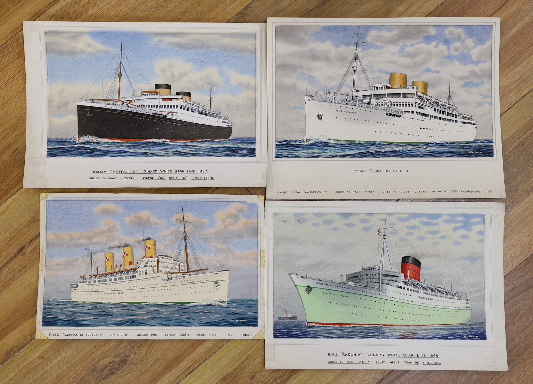 John Nicholson (1920-2003), four watercolours, Ocean liners, signed and titled, overall 21 x 31cm, unframed